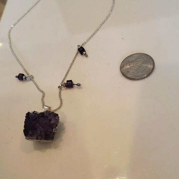 STERLING SILVER NECKLACE MEDAL RAW AMETHYST PENDANT CHAIN PURPLE - Picture 4 of 4